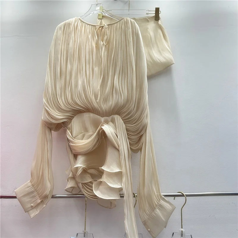 High Quality Silk Loose Long Sleeve Two Piece With Shorts