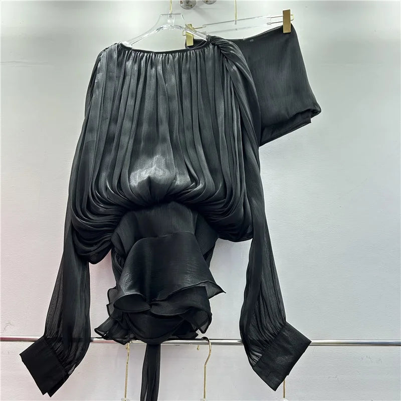 High Quality Silk Loose Long Sleeve Two Piece With Shorts