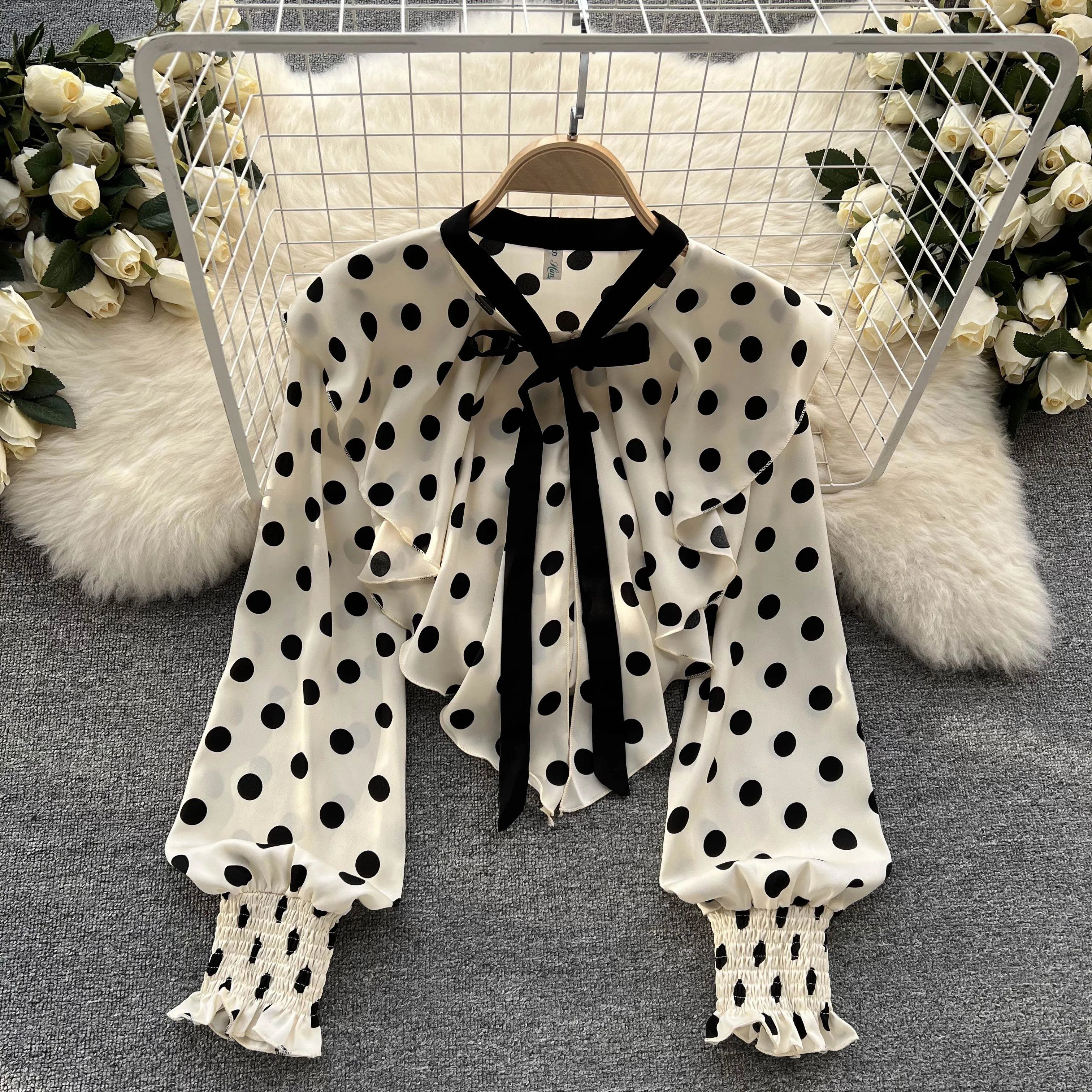 Women’s Spring V‑Neck Chiffon Blouse with Dot Ruffles