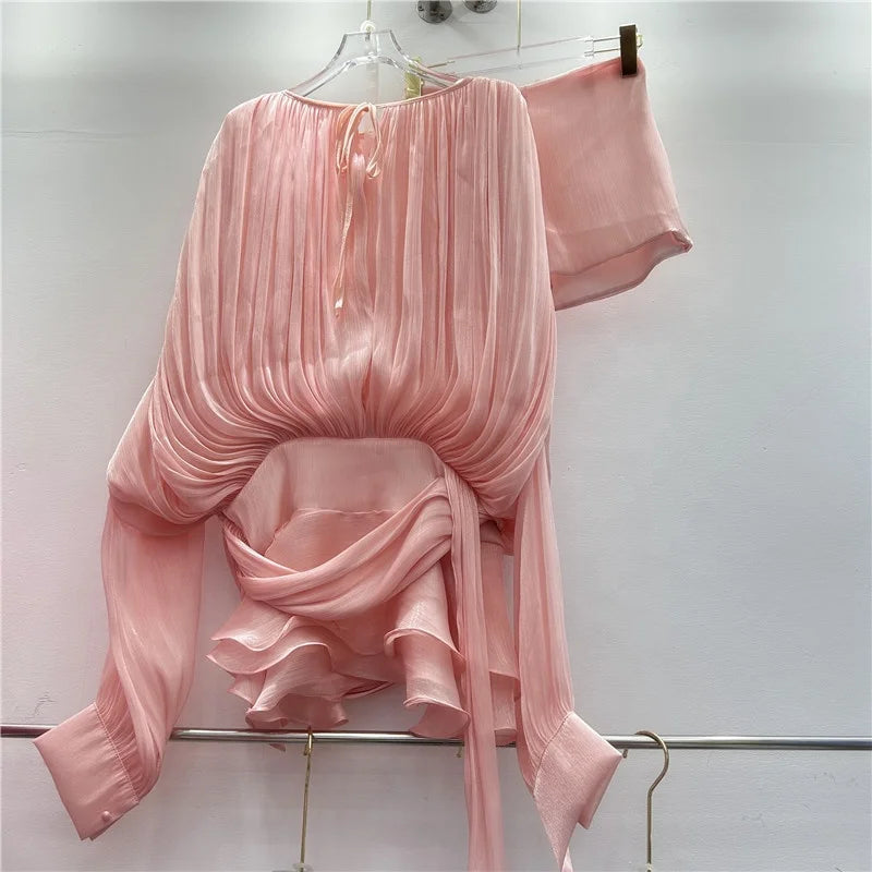 High Quality Silk Loose Long Sleeve Two Piece With Shorts