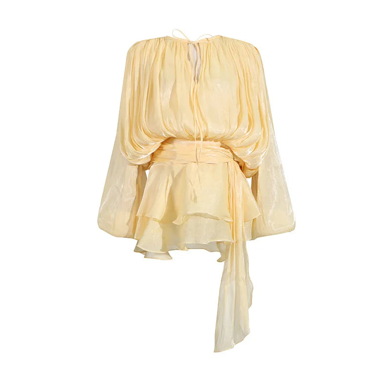 Hollow Pleated Ribbon Long Sleeve Female Casual Party Dresses