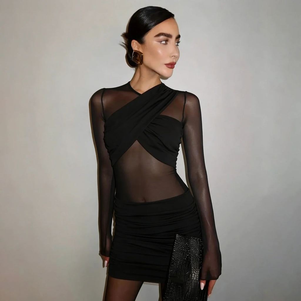 Women’s Long Sleeve Bodycon Mini Dress – Criss-Cross Neckline, Sheer Mesh Panels & Ruffle Detail