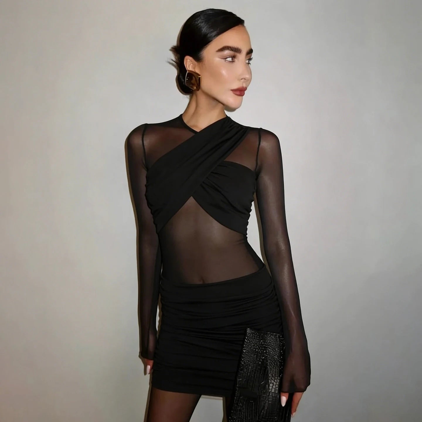 Women’s Long Sleeve Bodycon Mini Dress – Criss-Cross Neckline, Sheer Mesh Panels & Ruffle Detail
