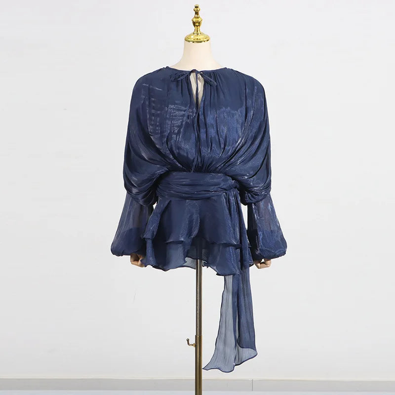 Hollow Pleated Ribbon Long Sleeve Female Casual Party Dresses