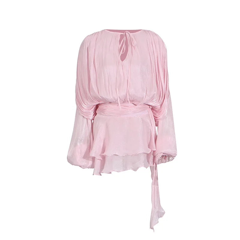Hollow Pleated Ribbon Long Sleeve Female Casual Party Dresses