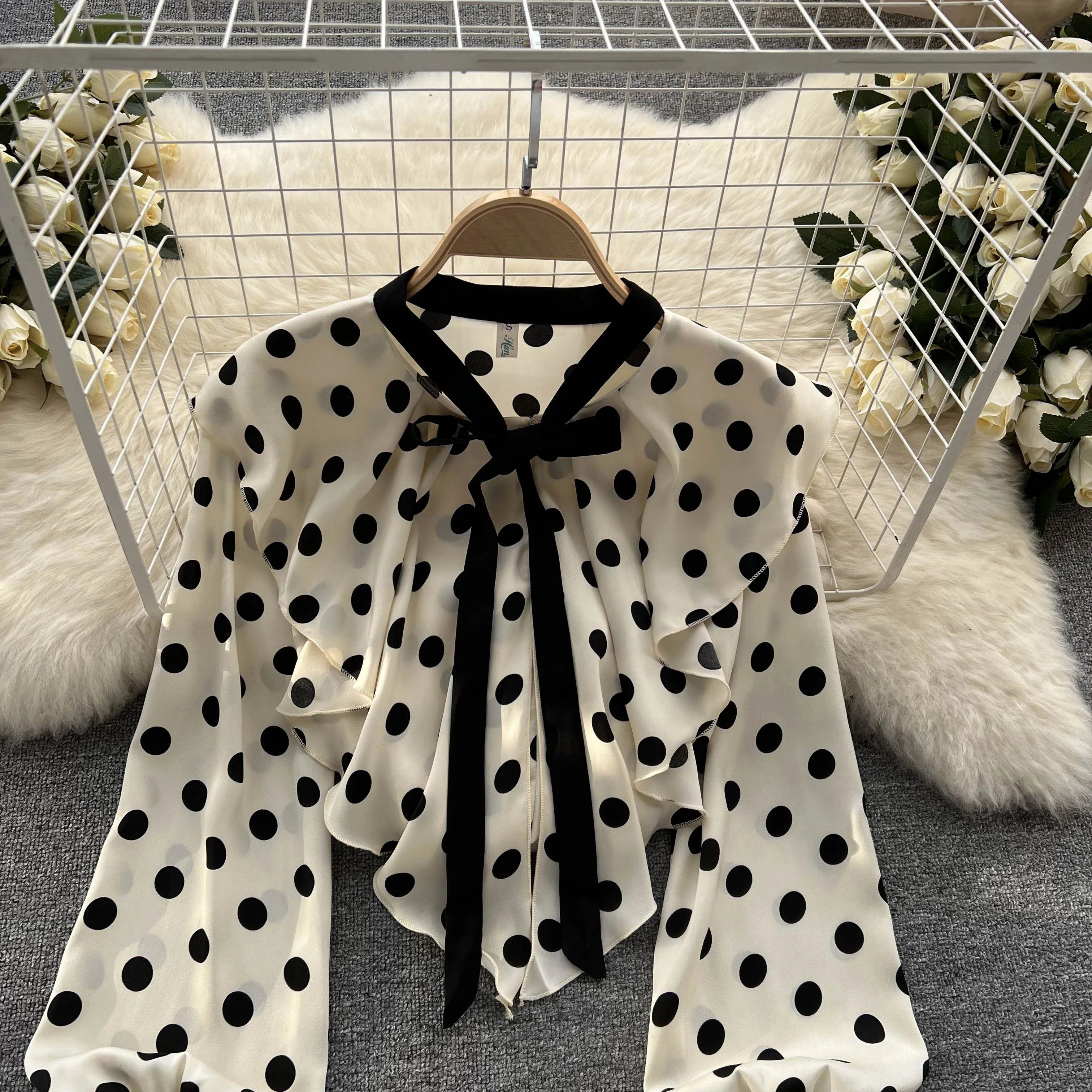 Women’s Spring V‑Neck Chiffon Blouse with Dot Ruffles
