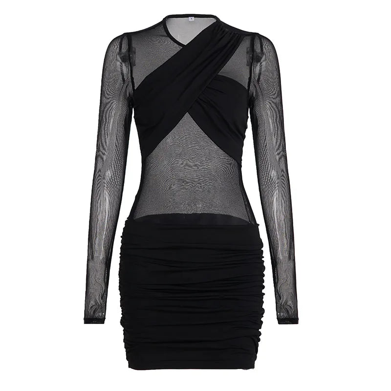 Women’s Long Sleeve Bodycon Mini Dress – Criss-Cross Neckline, Sheer Mesh Panels & Ruffle Detail
