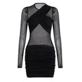 Women’s Long Sleeve Bodycon Mini Dress – Criss-Cross Neckline, Sheer Mesh Panels & Ruffle Detail