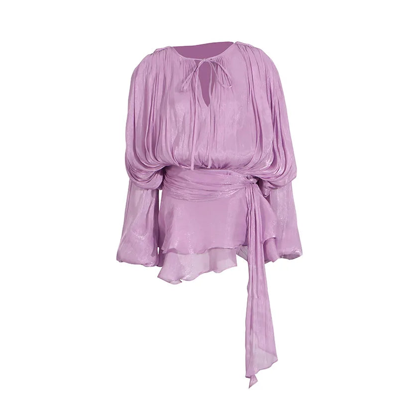 Hollow Pleated Ribbon Long Sleeve Female Casual Party Dresses