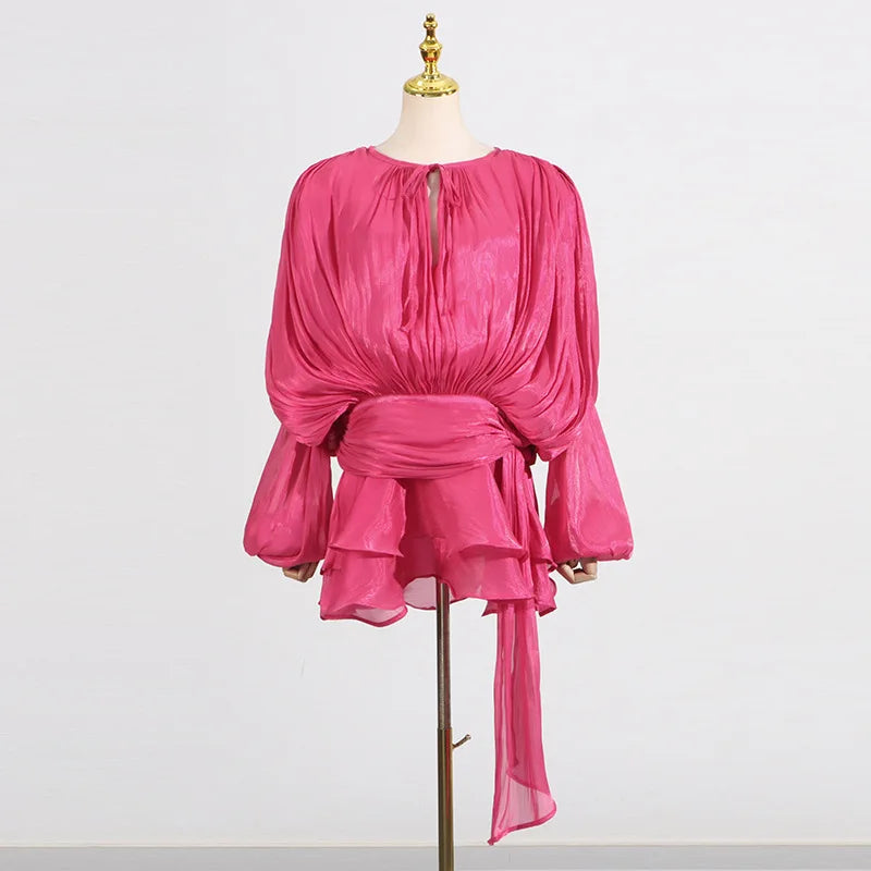 Hollow Pleated Ribbon Long Sleeve Female Casual Party Dresses