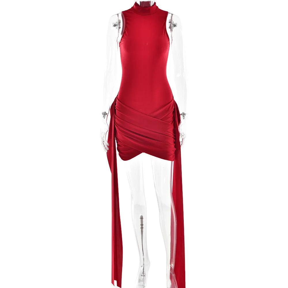 Suillty Women’s Clubwear Sleeveless High-Neck Bodycon Mini Dress with Bandage & Ruched Design