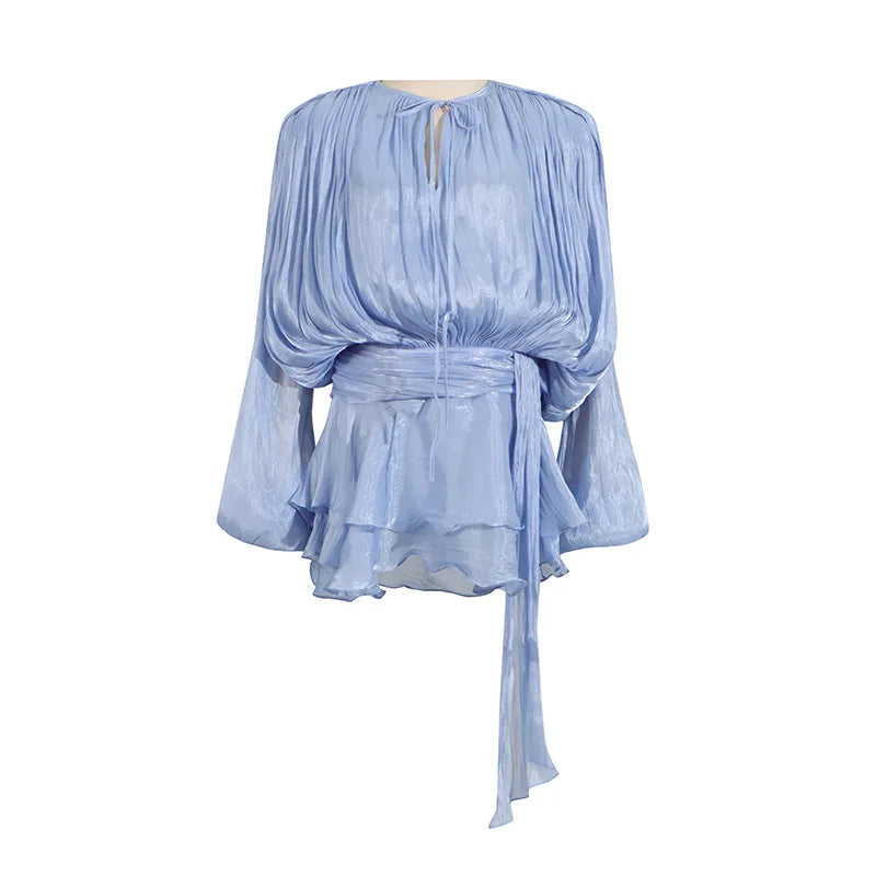Hollow Pleated Ribbon Long Sleeve Female Casual Party Dresses