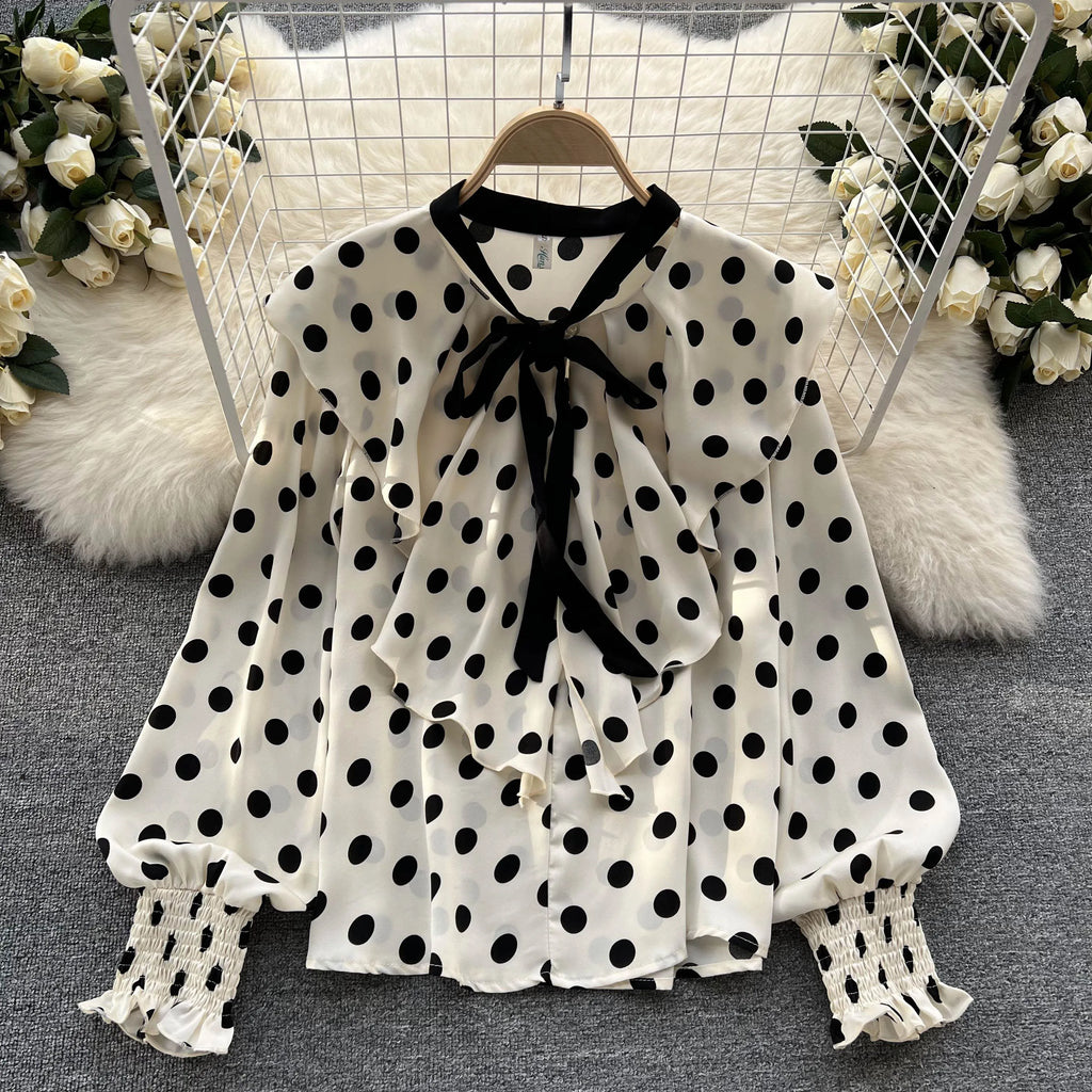 Women’s Spring V‑Neck Chiffon Blouse with Dot Ruffles