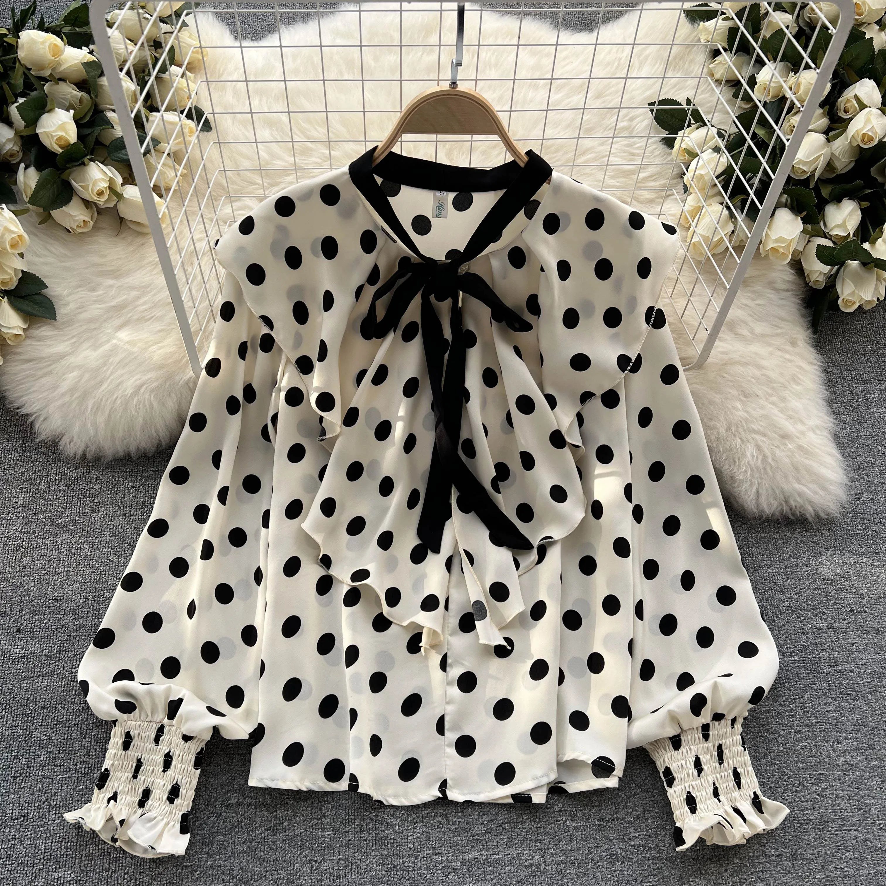 Women’s Spring V‑Neck Chiffon Blouse with Dot Ruffles