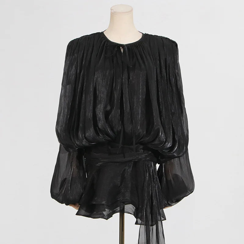Hollow Pleated Ribbon Long Sleeve Female Casual Party Dresses