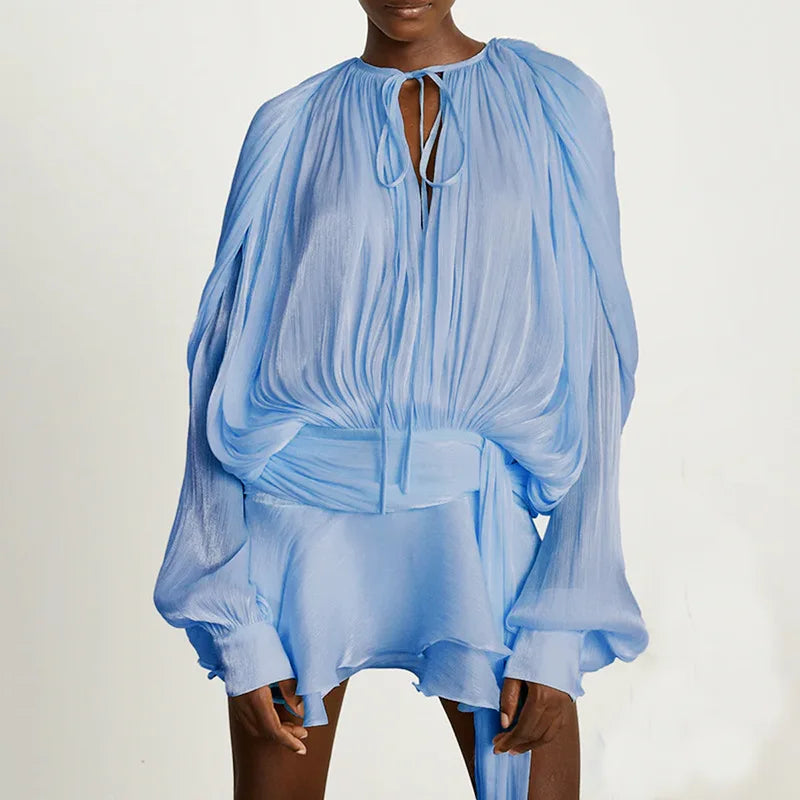 Hollow Pleated Ribbon Long Sleeve Female Casual Party Dresses
