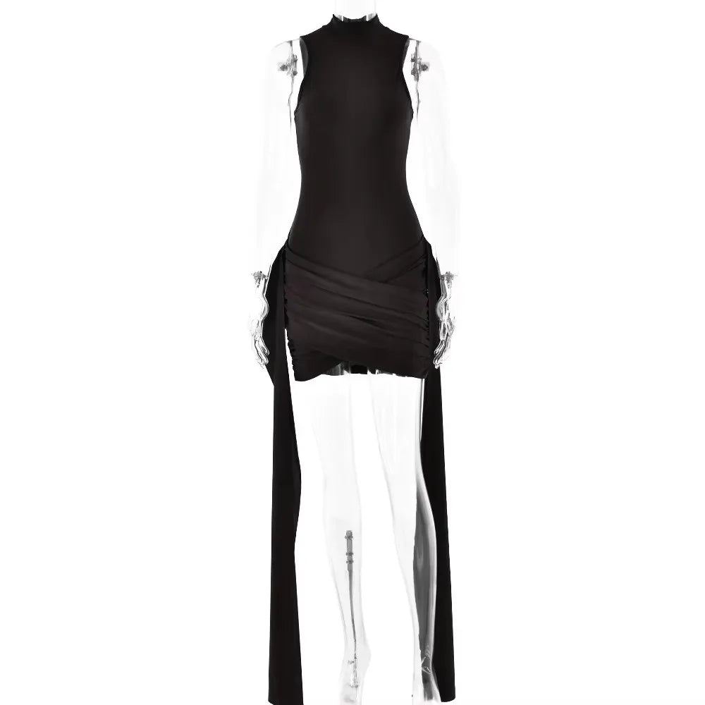 Suillty Women’s Clubwear Sleeveless High-Neck Bodycon Mini Dress with Bandage & Ruched Design
