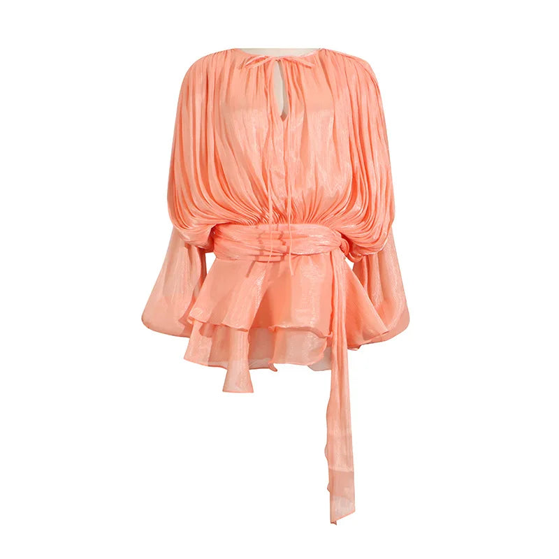 Hollow Pleated Ribbon Long Sleeve Female Casual Party Dresses