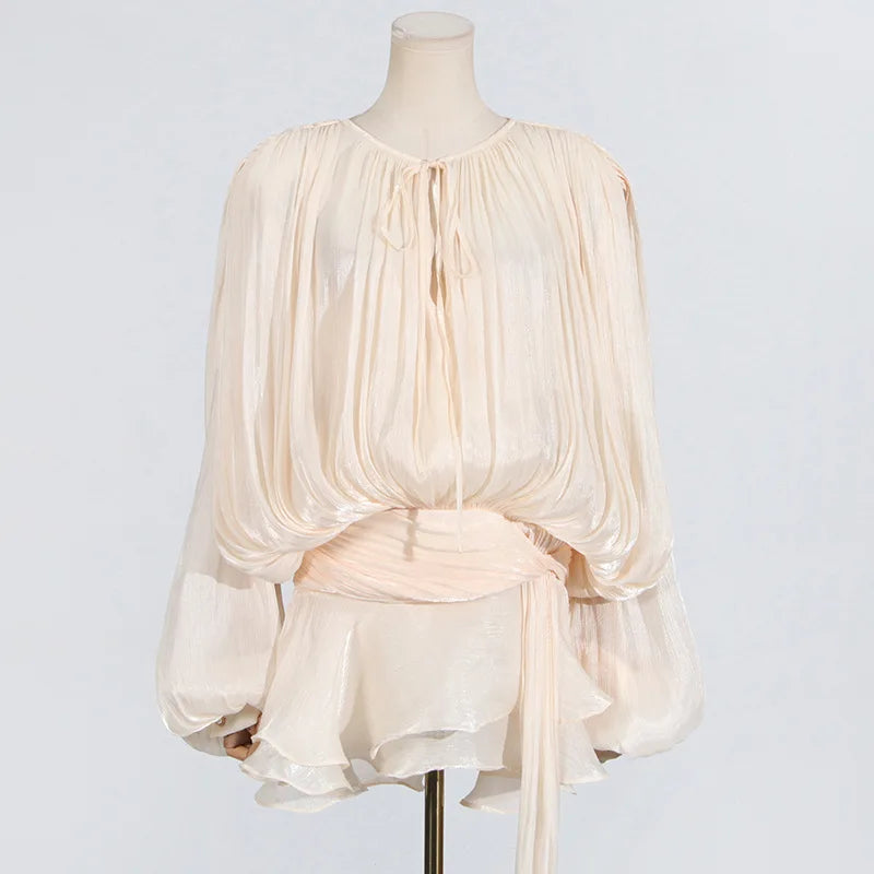 Hollow Pleated Ribbon Long Sleeve Female Casual Party Dresses