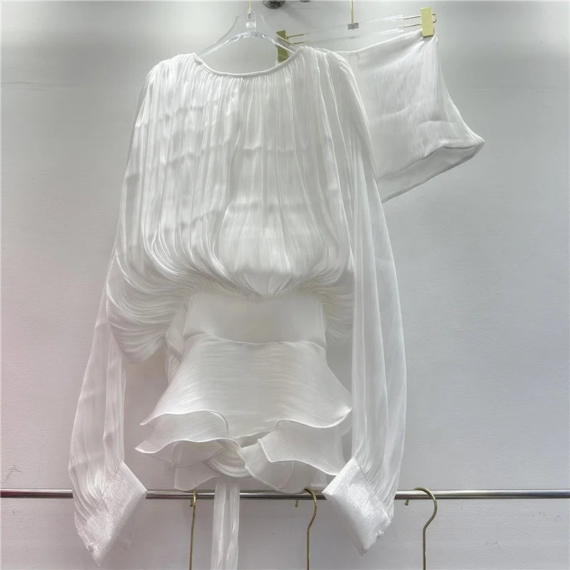 High Quality Silk Loose Long Sleeve Two Piece With Shorts
