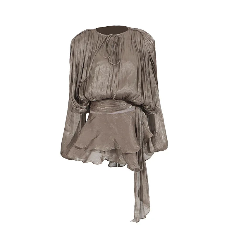 Hollow Pleated Ribbon Long Sleeve Female Casual Party Dresses
