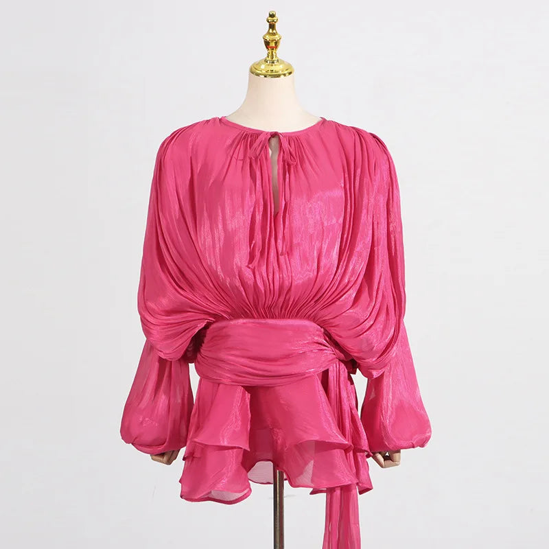 Hollow Pleated Ribbon Long Sleeve Female Casual Party Dresses
