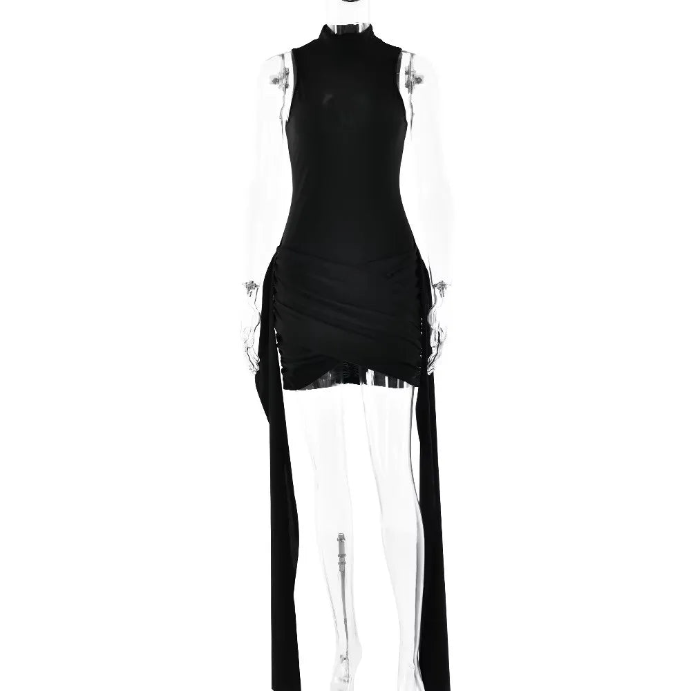 Suillty Women’s Clubwear Sleeveless High-Neck Bodycon Mini Dress with Bandage & Ruched Design