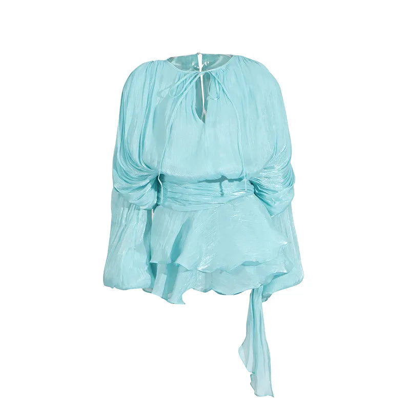 Hollow Pleated Ribbon Long Sleeve Female Casual Party Dresses