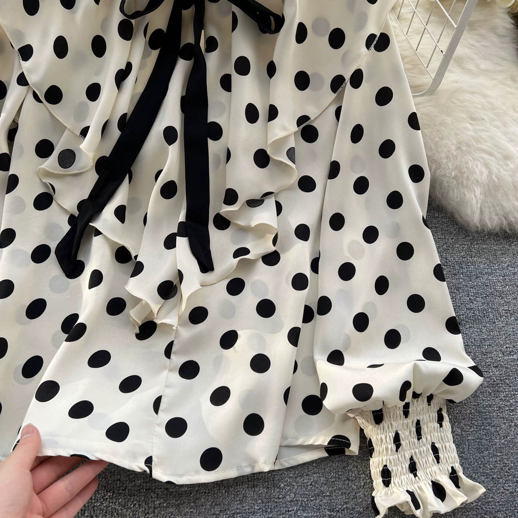 Women’s Spring V‑Neck Chiffon Blouse with Dot Ruffles