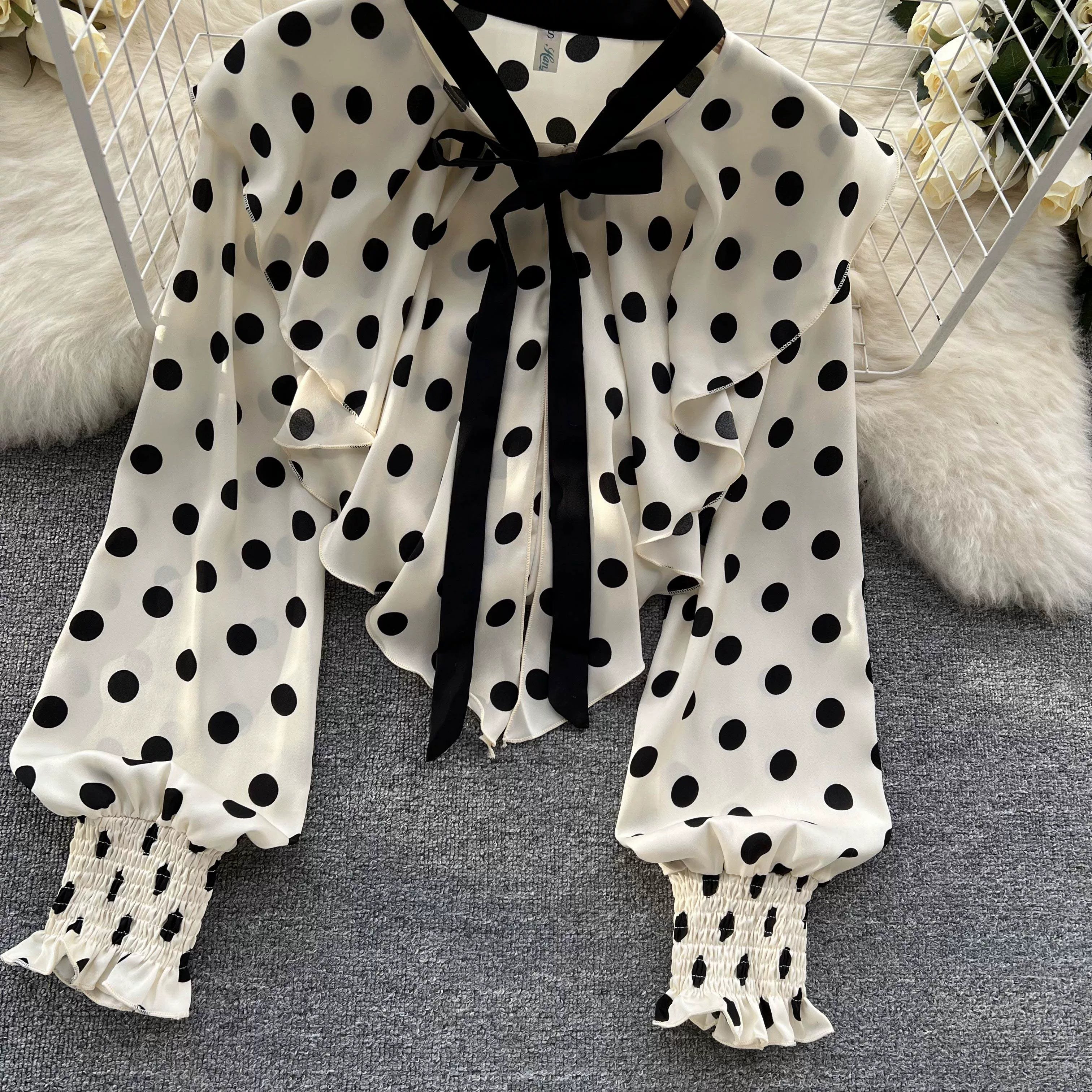 Women’s Spring V‑Neck Chiffon Blouse with Dot Ruffles