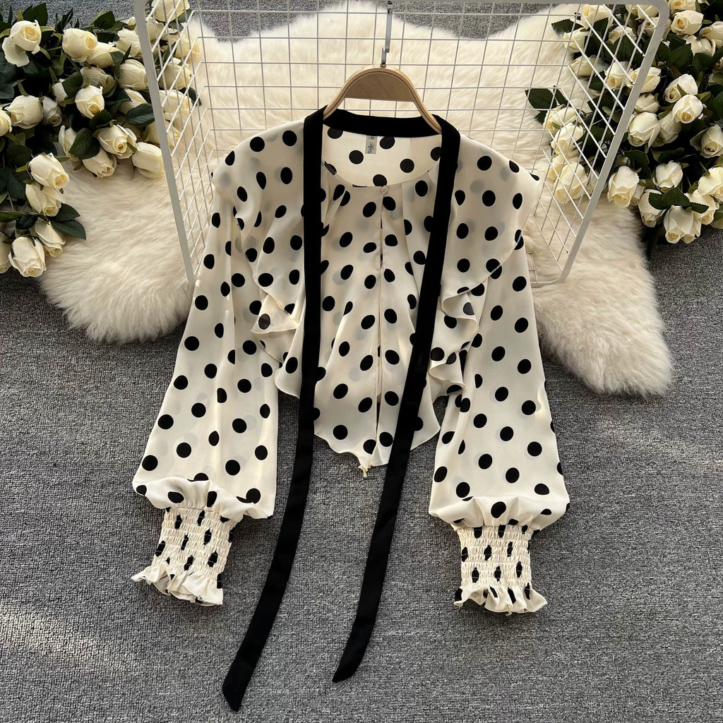 Women’s Spring V‑Neck Chiffon Blouse with Dot Ruffles
