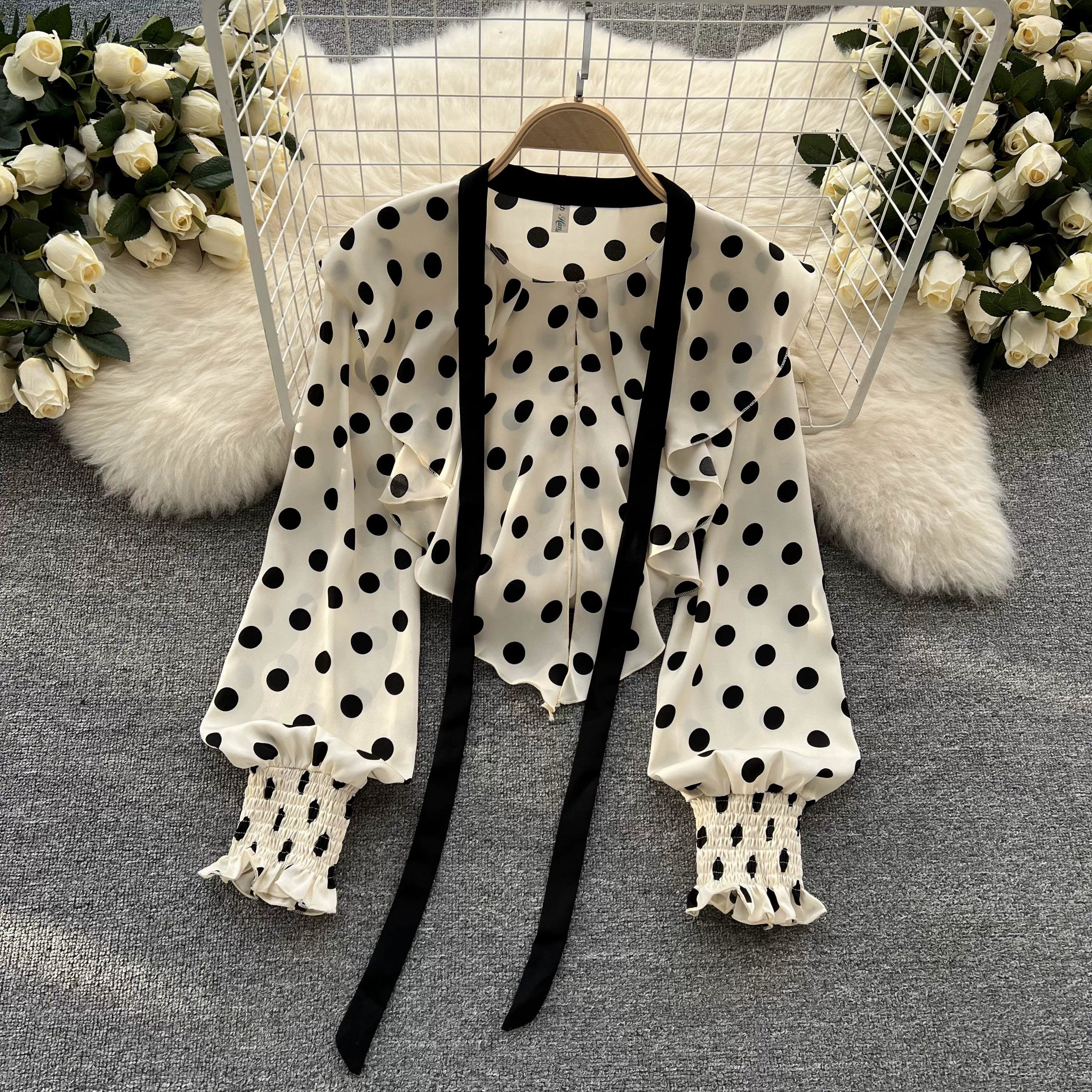 Women’s Spring V‑Neck Chiffon Blouse with Dot Ruffles