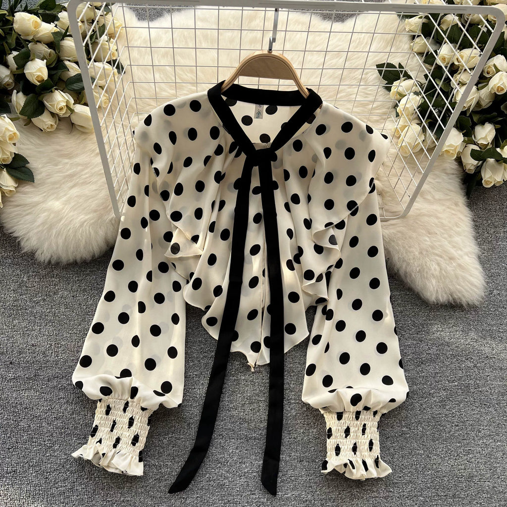 Women’s Spring V‑Neck Chiffon Blouse with Dot Ruffles