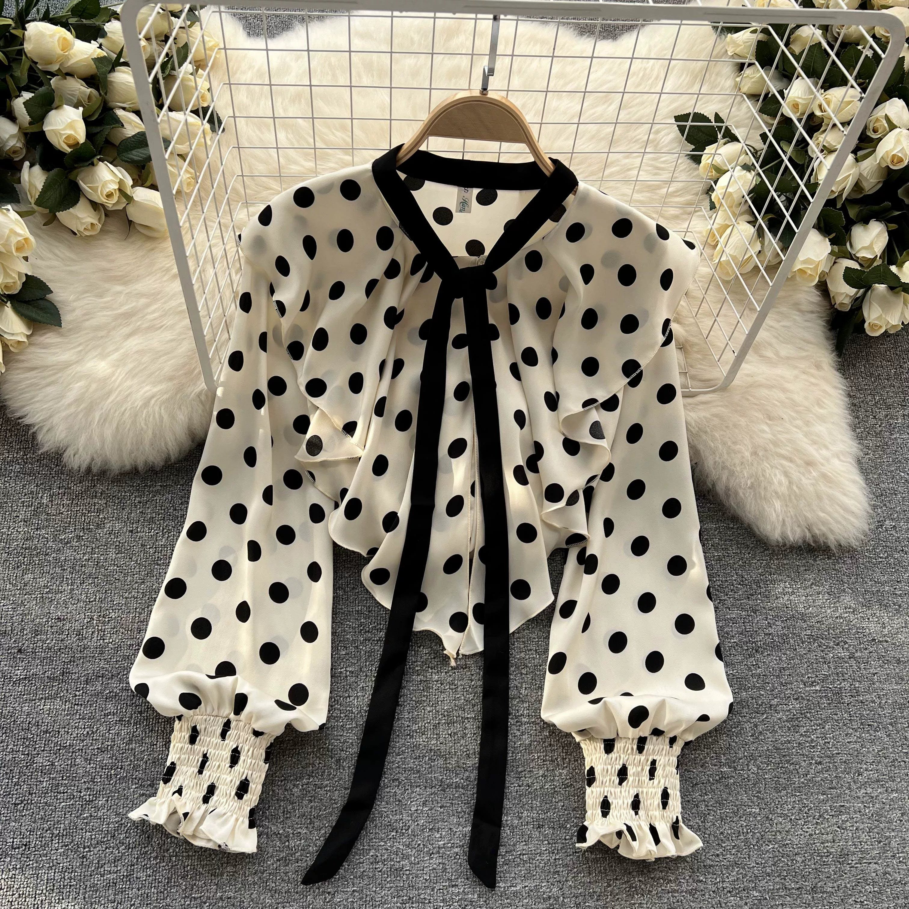 Women’s Spring V‑Neck Chiffon Blouse with Dot Ruffles