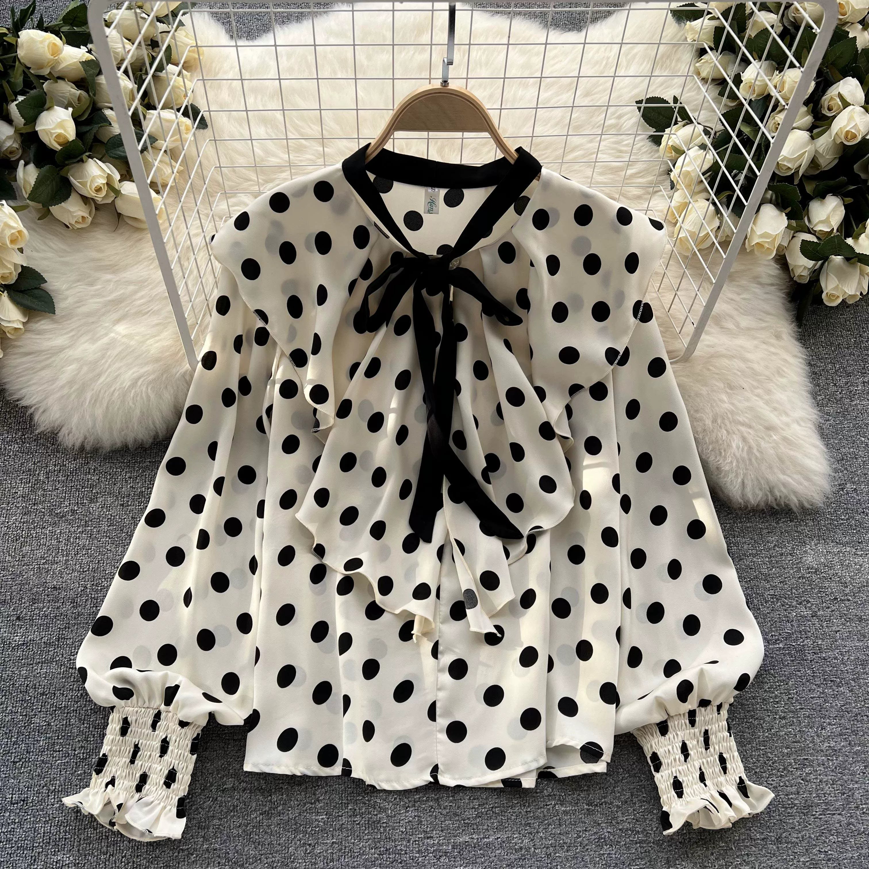 Women’s Spring V‑Neck Chiffon Blouse with Dot Ruffles