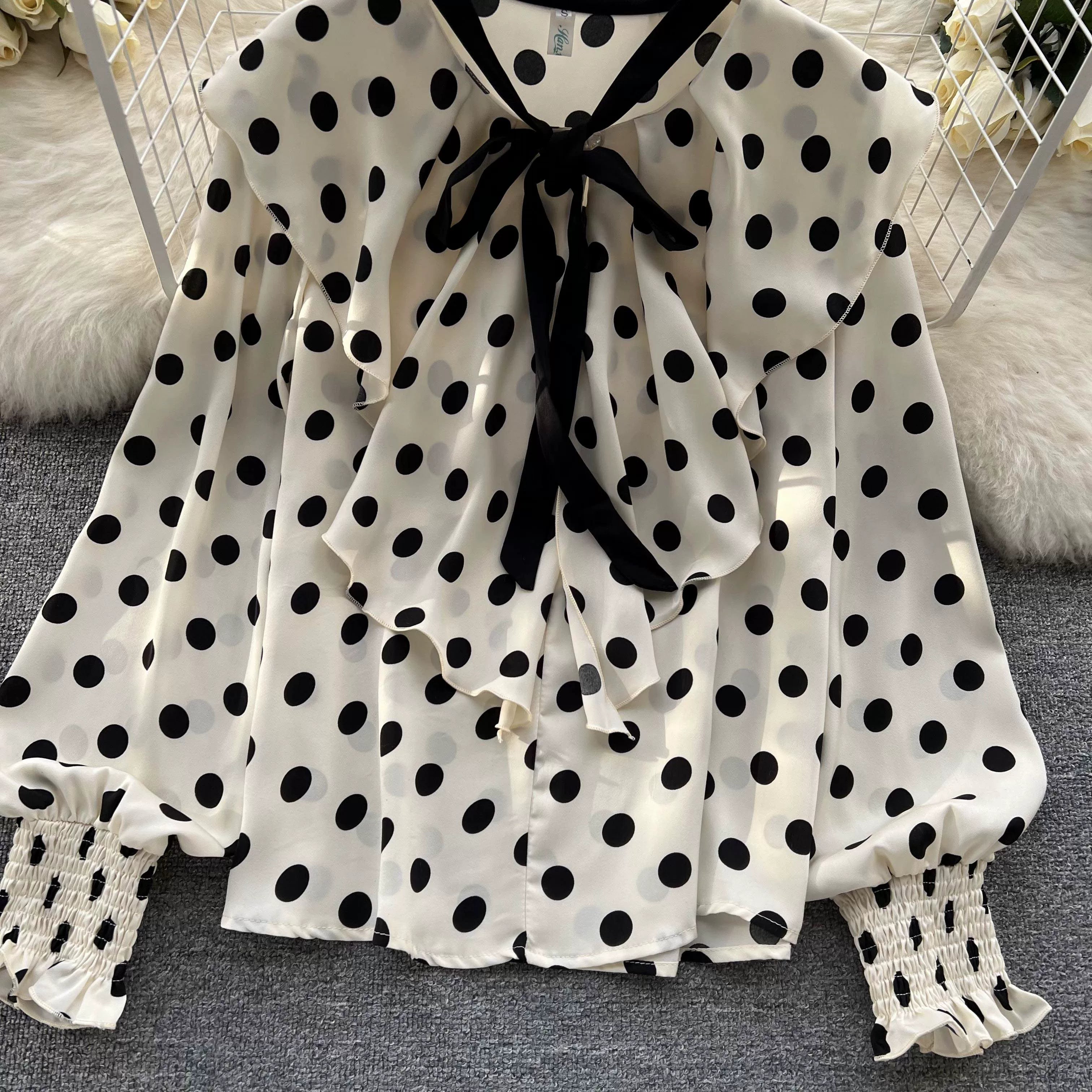 Women’s Spring V‑Neck Chiffon Blouse with Dot Ruffles