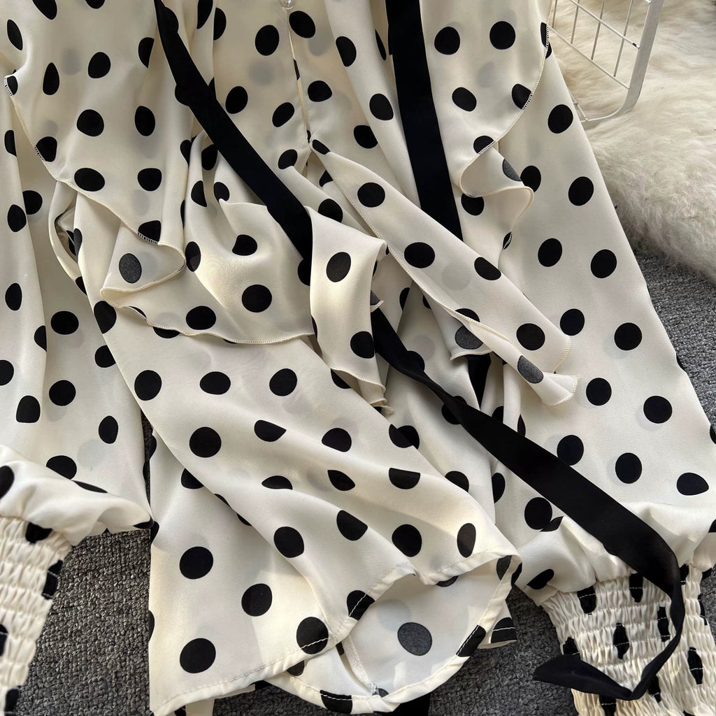 Women’s Spring V‑Neck Chiffon Blouse with Dot Ruffles