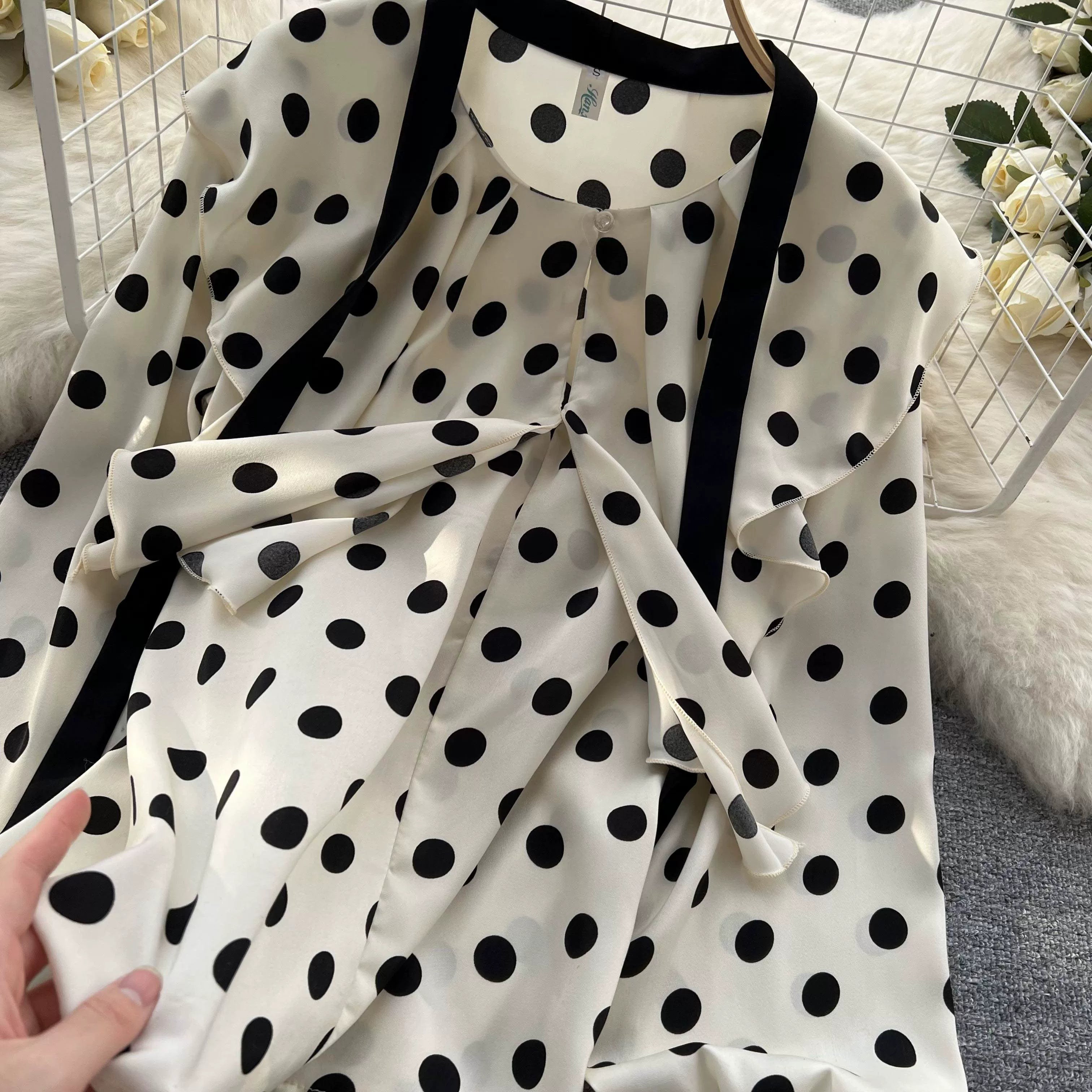 Women’s Spring V‑Neck Chiffon Blouse with Dot Ruffles