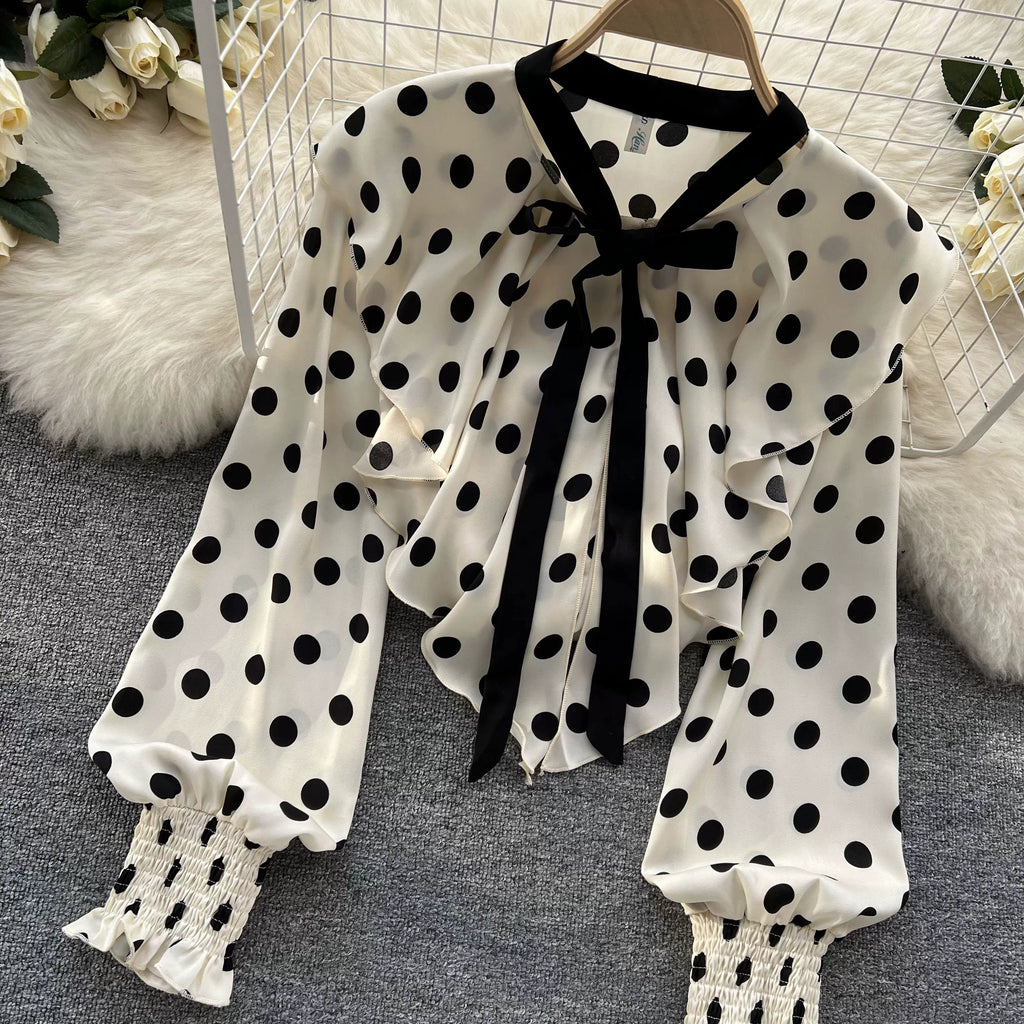 Women’s Spring V‑Neck Chiffon Blouse with Dot Ruffles