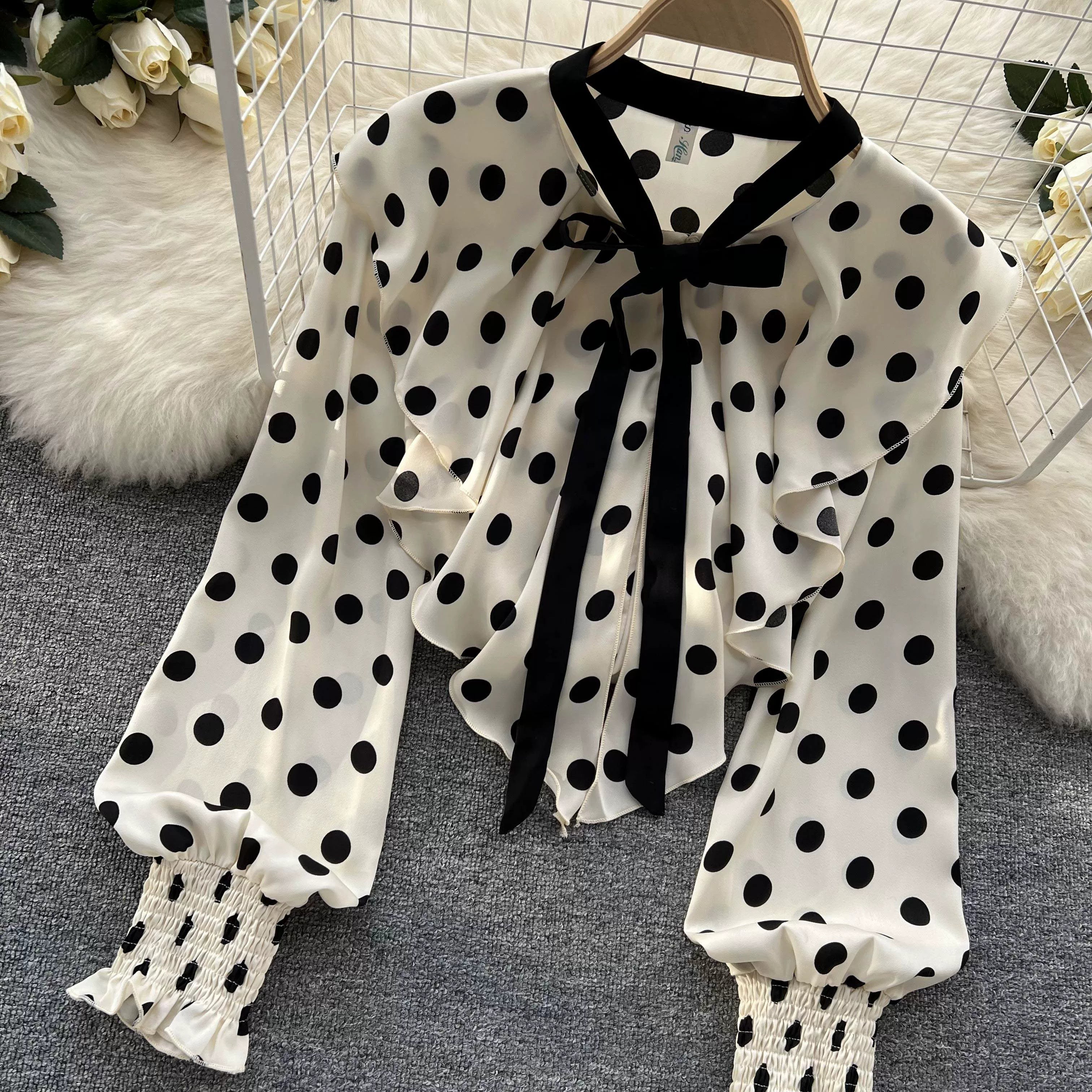 Women’s Spring V‑Neck Chiffon Blouse with Dot Ruffles