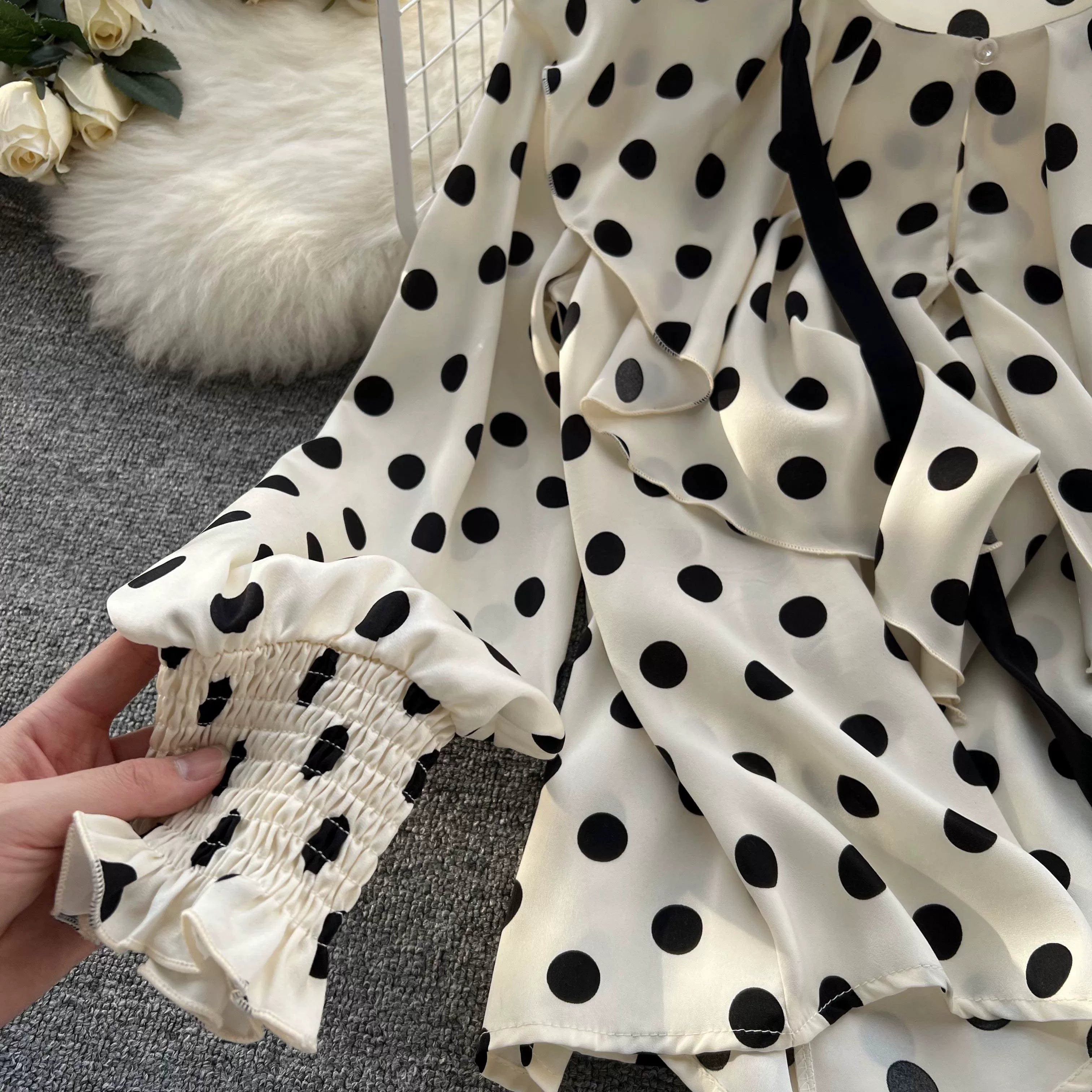 Women’s Spring V‑Neck Chiffon Blouse with Dot Ruffles