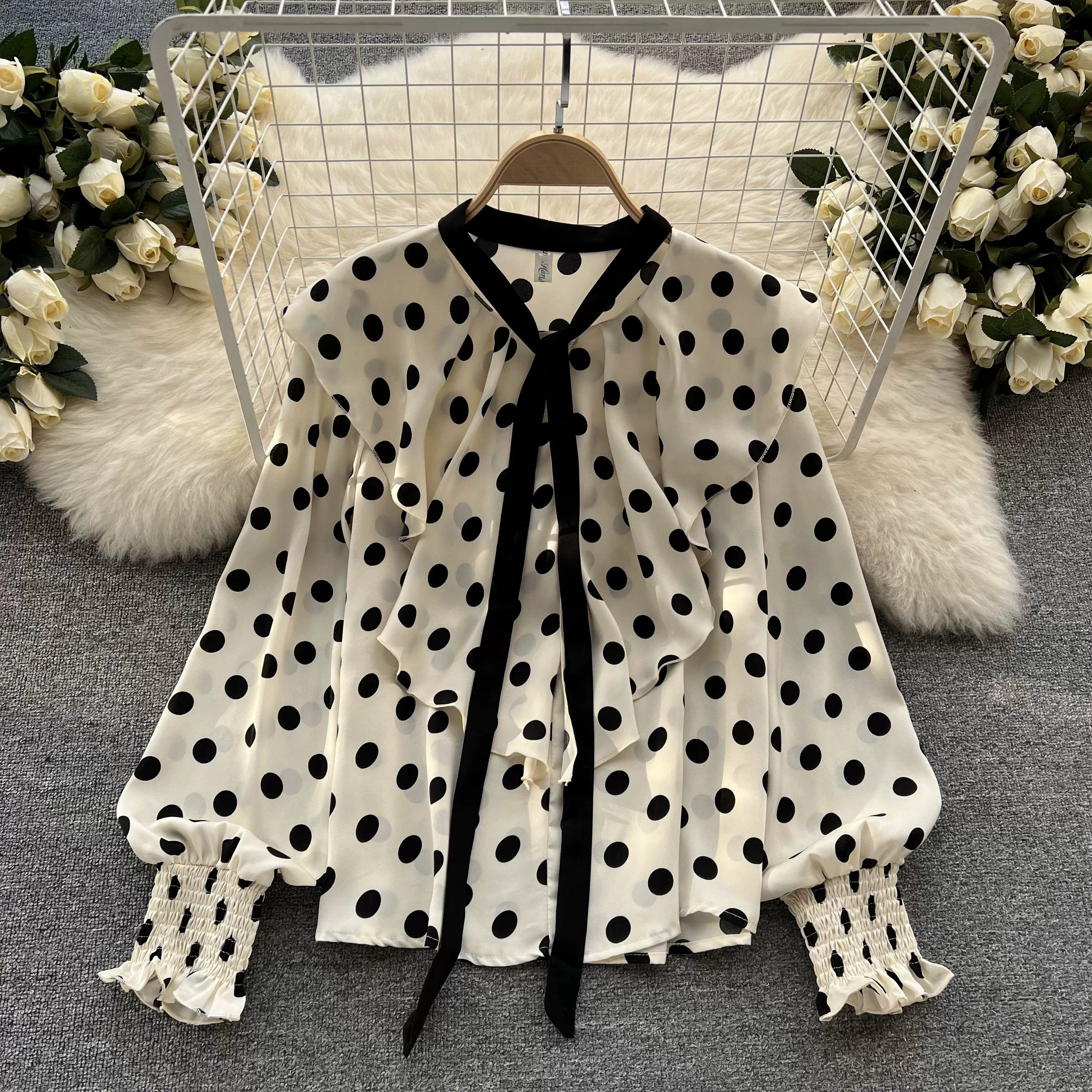 Women’s Spring V‑Neck Chiffon Blouse with Dot Ruffles