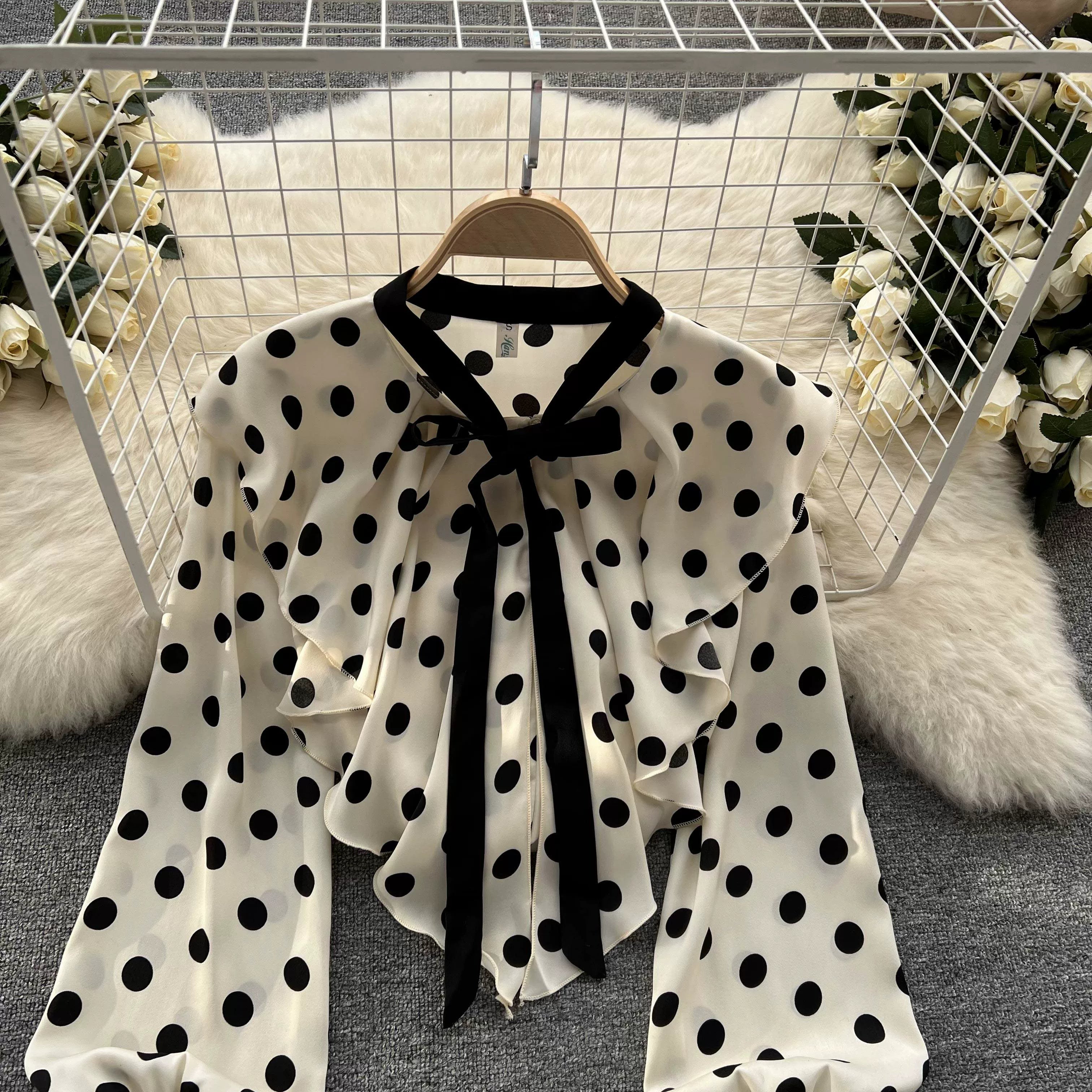 Women’s Spring V‑Neck Chiffon Blouse with Dot Ruffles