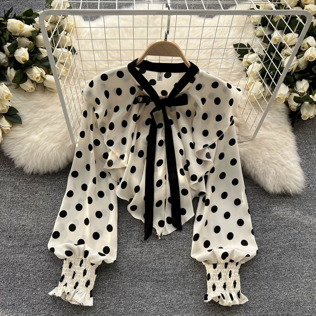 Women’s Spring V‑Neck Chiffon Blouse with Dot Ruffles