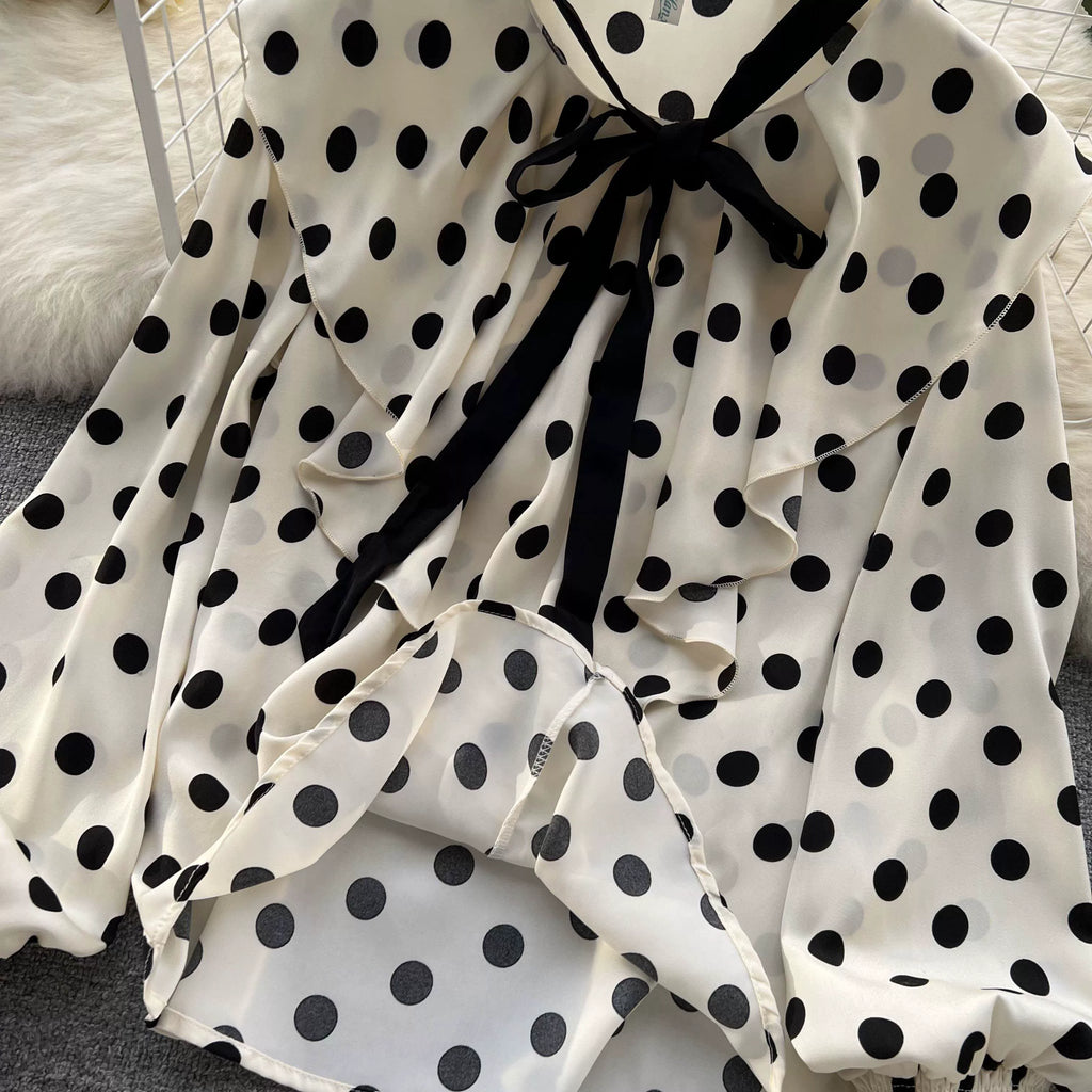 Women’s Spring V‑Neck Chiffon Blouse with Dot Ruffles