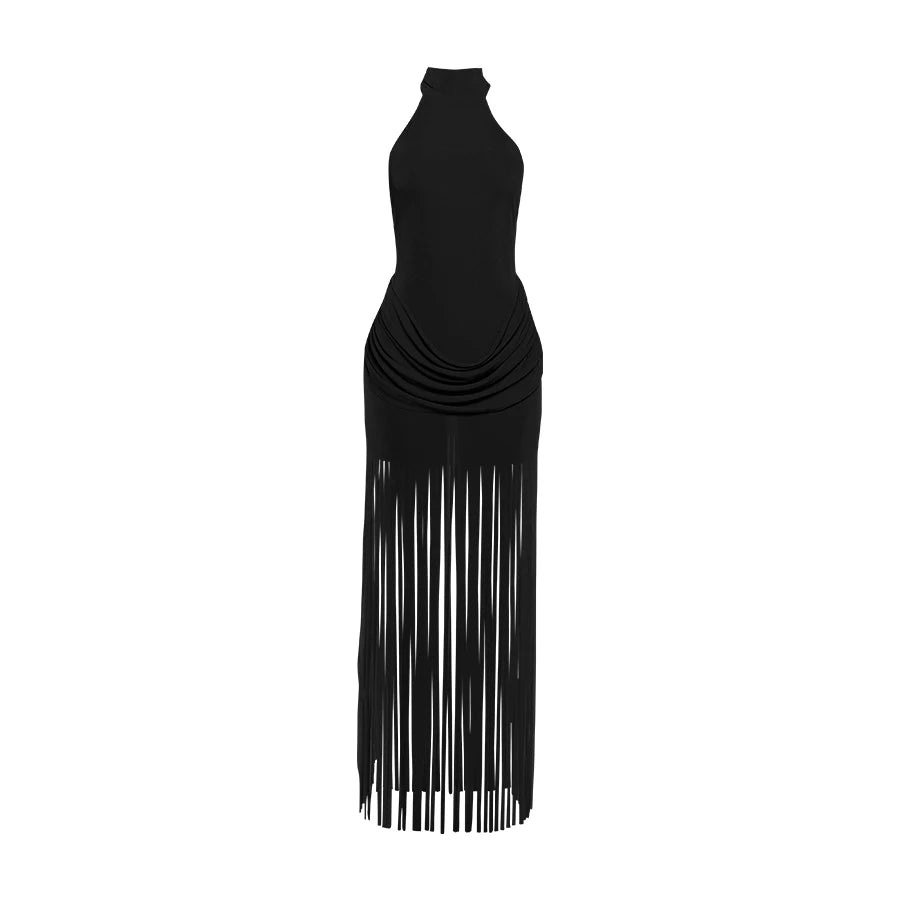 Women Velvet Ruched Patchwork Tassel Hem Elegant Backless Party Bodycon