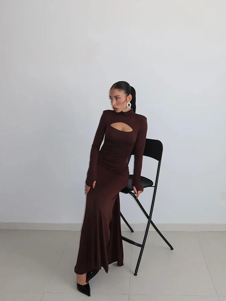 Women's Maxi Dresses Solid Turtleneck Regular Long Sleeves Hollow Out Slim Fit