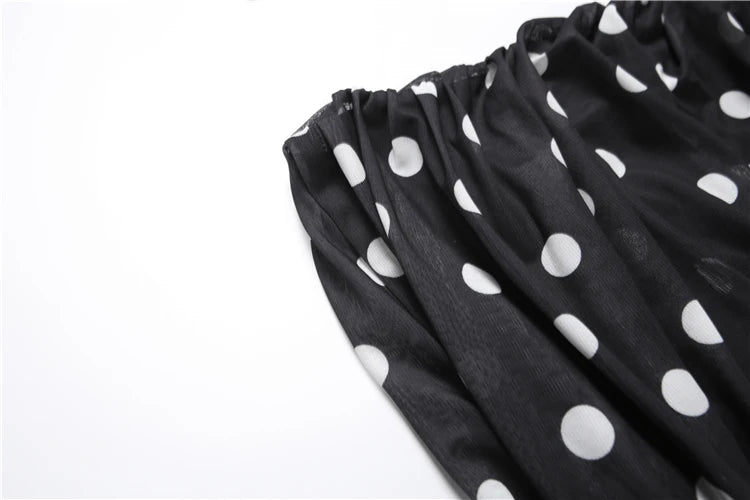 Turtleneck Backless Dress Women Classic Polka Dot Lace-Up Mesh Patchwork.