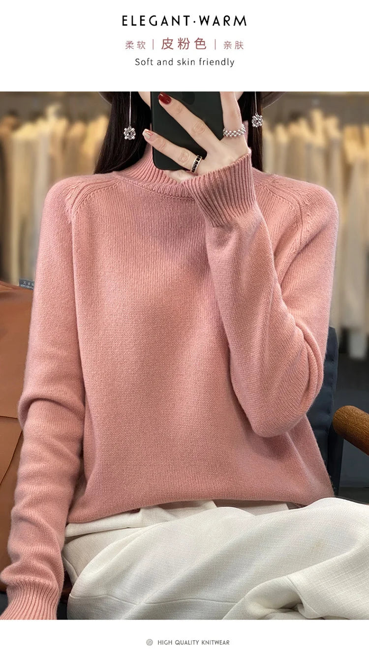 Autumn Winter Wool Sweater Mock Neck Office Lady Knitted Pullover Solid Soft Long Sleeve