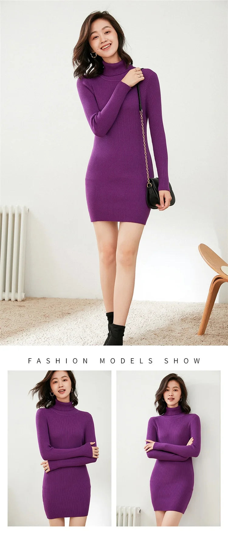 Turtleneck Sweater Slim-Fit Bottoming Solid Color Tight-Fitting Knitted Bag Hip Women Dress.
